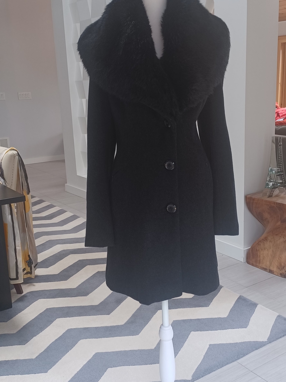 Ivanka Trump Black Wool Pea Coat with Faux Fur Removable Collar